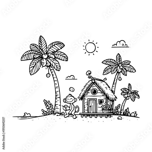 Monkey Sitting Under Palm Trees in Tropical Island House