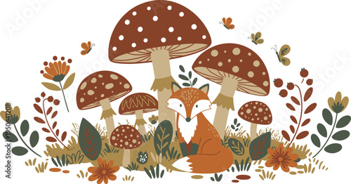 Whimsical illustration of mushrooms and fox in forest with flowers and leaves