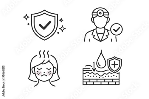 Hypoallergenic and Sensitive Skin Line Icon Set featuring Allergy Tested Shield, Dermatologist Approved Badge, Skin Irritation Relief, and Protective Skin Barrier for Medical and Cosmetic Use.