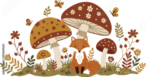 Whimsical illustration of mushrooms and a fox in a forest with flowers and butterflies