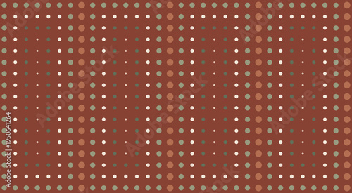 Geometric pattern featuring a repeating grid of circular dots in muted terracotta, sage and olive tones. The rhythmic arrangement and retro-inspired aesthetic. Ideal for textile design or wallpaper.