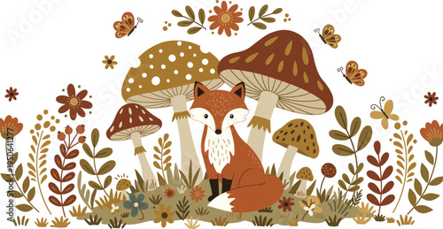 Whimsical illustration of mushrooms and insects in a forest clearing with flowers and foliage