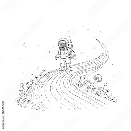 Astronaut Standing on Winding Road in Space Suit with Mushrooms