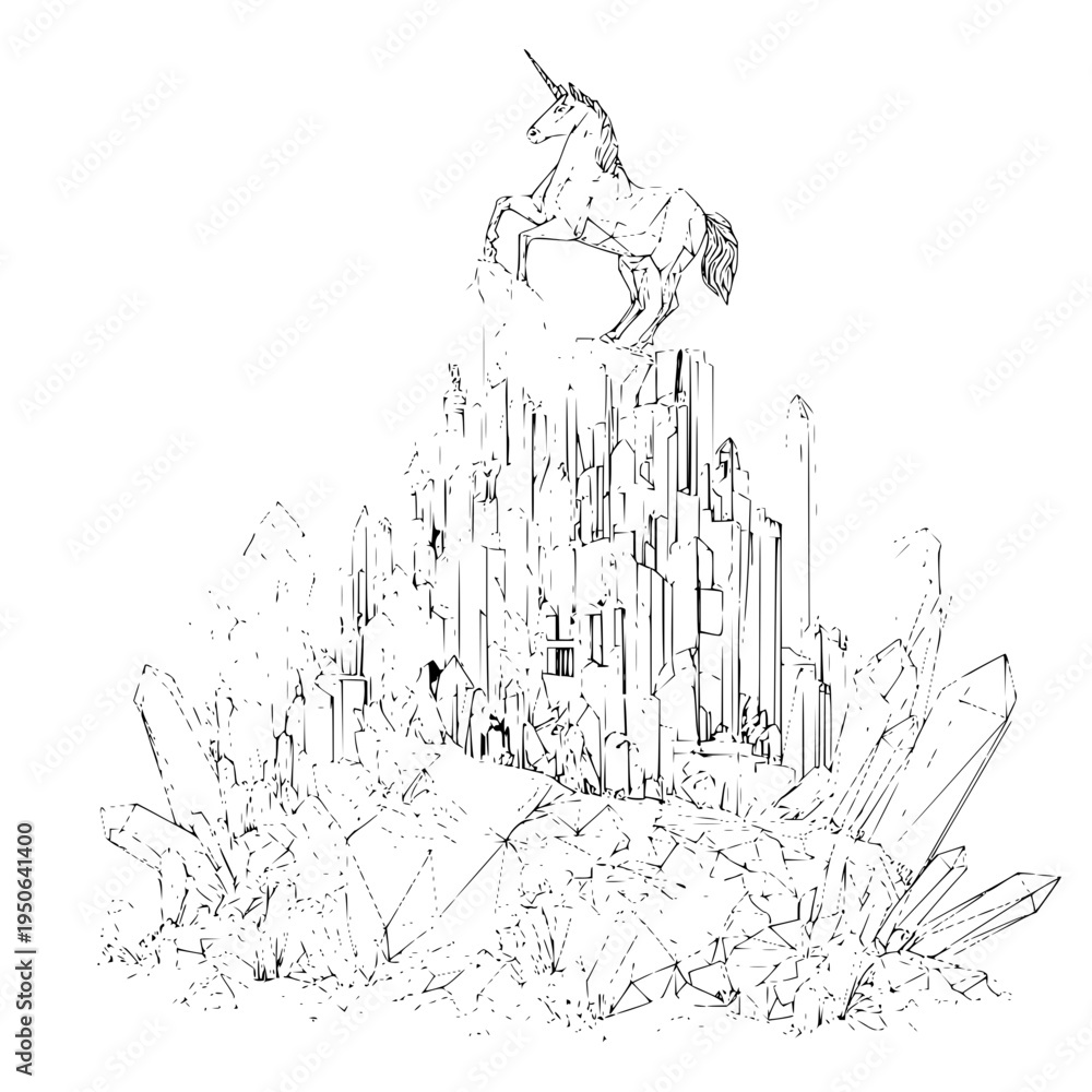 Fototapeta premium Unicorn Sitting on Crystal Castle in Fantasy Landscape