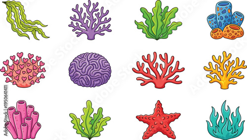 Cartoon coral reef collection, seaweed, sponge and starfish marine elements vector set, colorful underwater ocean life illustration isolated