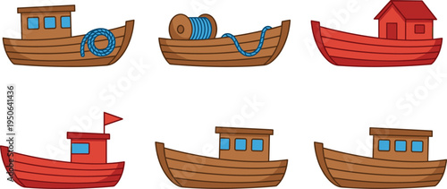 Cartoon fishing boats collection, wooden and red harbor boats with rope, cute nautical transport illustration set isolated vector marine design