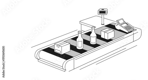Conveyor belt with boxes and bottles.