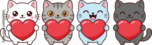cute cartoon cat holding heart collection, adorable kitten love characters set, kawaii pet animal vector illustration