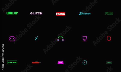 Vibrant Gaming UI Elements: Text, Icons, Buttons for Streamer Interfaces