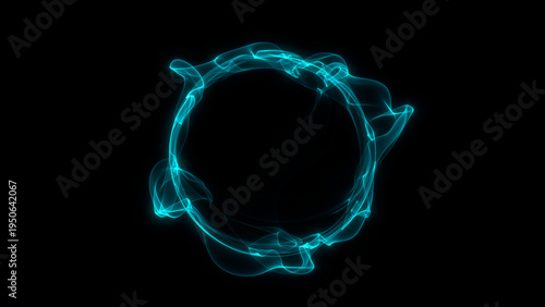 Glowing cyan energy sphere ring, abstract futuristic plasma circle light, digital wave particle orb isolated on black background, technology aura loop style