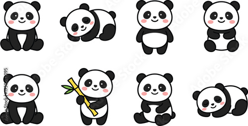cute cartoon panda collection, adorable panda characters with bamboo and sleeping poses, kawaii animal vector illustration set