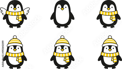 cute cartoon penguin collection, winter penguin characters with scarf and hat, adorable arctic bird vector illustration set