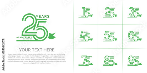 Anniversary logo style double line number set with ribbon. green color on white background for celebration event