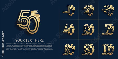 Anniversary logo style double line number set. gold color and ribbon for celebration event