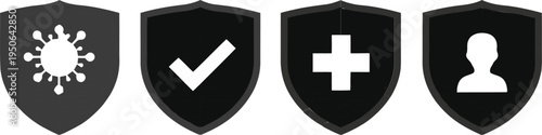 Four black shield icons with white medical and verification symbols vector