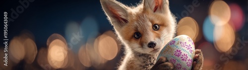 Charming cub spreads easter joy in colorful setting. Digital mind. Festive fox cub and glitter egg amidst a pastel easter setting. Cyber mindset. Posthuman existence.