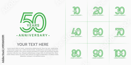 Anniversary logo style double line number set. green color on white background for celebration event