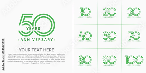 Anniversary logo style double line number set. green color on white background for celebration event