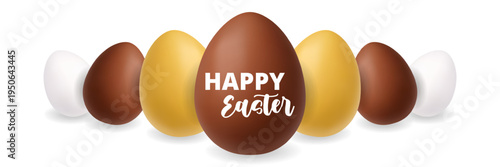 Happy Easter design on chocolate egg with gold and white eggs. Minimal 3D festive illustration