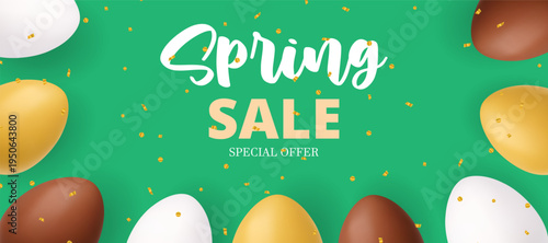 Spring sale Easter banner with eggs and confetti on green background. 3D festive special offer design