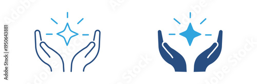 Magic hands icon set. Open hands holding sparkle star icon, protection care and support concept. Vector illustration.