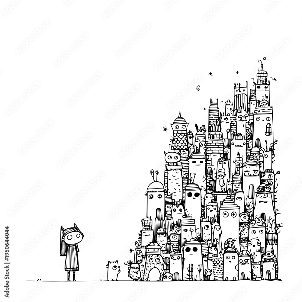 Fototapeta premium Lonely Cat Looking at Large Cartoon Cityscape