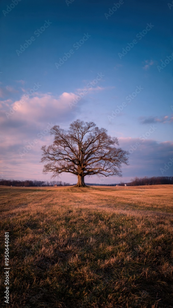 Obraz premium Bare Tree Standing Alone in a Golden Field at Sunset