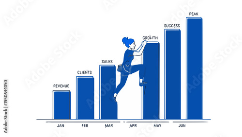 Ambitious Professional Climbing a Giant Bar Chart – Business Growth and Success Concept