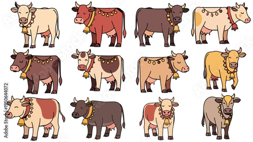 Twelve Cartoon Cows Vector Set, Diverse Cattle Illustrations with Bells and Festive Collars for Farm Animal, Agriculture and Cultural Celebration Design