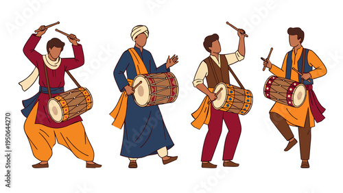 Indian Street Musicians Playing Dhol Drum Vector Illustration, Traditional Men in Ethnic Attire Performing for Cultural Celebration and Festival