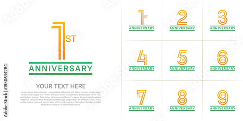 Anniversary logo style double line number set. orange and green color on white background for celebration event