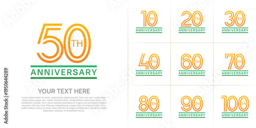 Anniversary logo style double line number set. orange and green color on white background for celebration event