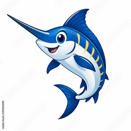 Smiling Blue Marlin Fish Cartoon, Ocean Predator Character Illustration