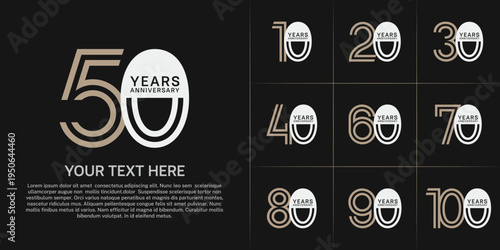 Anniversary logo style double line number set. white and brown color on black background for celebration event