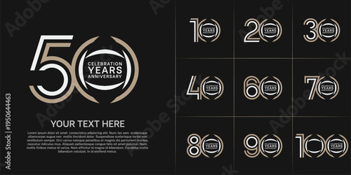 Anniversary logo style double line number set. white and brown color on black background for celebration event
