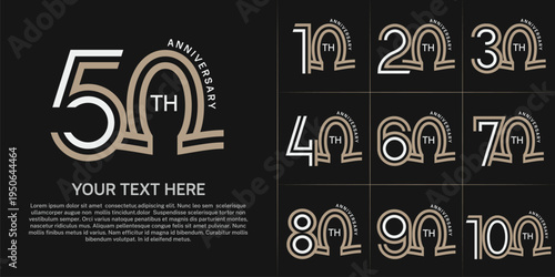 Anniversary logo style double line number set. white and brown color on black background for celebration event