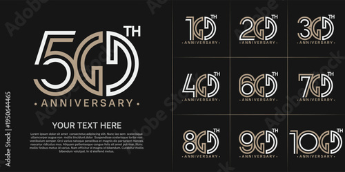Anniversary logo style double line number set. white and brown color on black background for celebration event