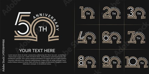 Anniversary logo style double line number set. white and brown color on black background for celebration event