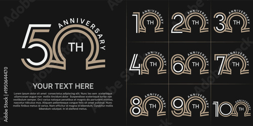Anniversary logo style double line number set. white and brown color on black background for celebration event