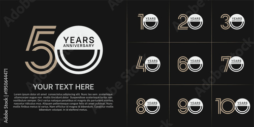 Anniversary logo style double line number set. white and brown color on black background for celebration event