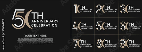 Anniversary logo style double line number set. white and brown color on black background for celebration event