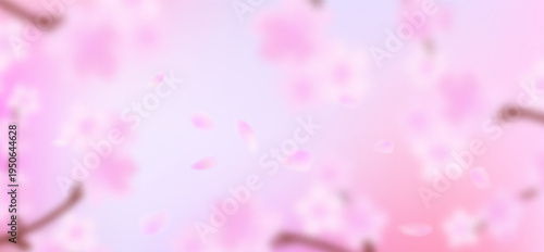 Pink cherry blossom flower branches, buds and leaves set, sakura illustration with petals, Japanese spring floral background for pattern and frame design.