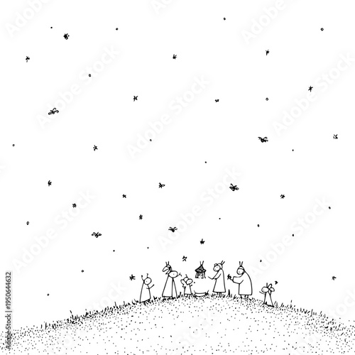 People Watching Fireworks on Hill at Night