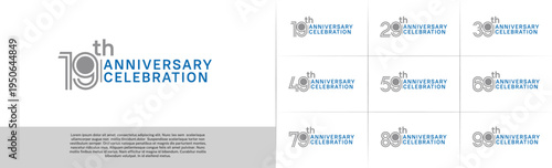 Anniversary logo type set with double line number. grey and blue color for celebration event