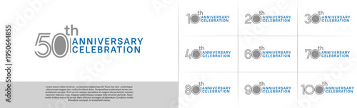 Anniversary logo type set with double line number. grey and blue color for celebration event