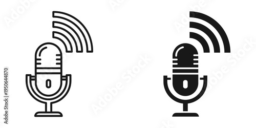 vintage and modern microphones broadcasting sound waves vector illustration
