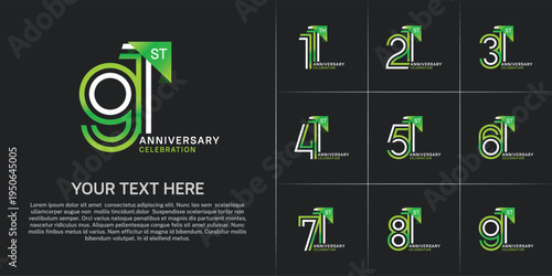 Anniversary logo type set with double line number. white and green color for celebration event