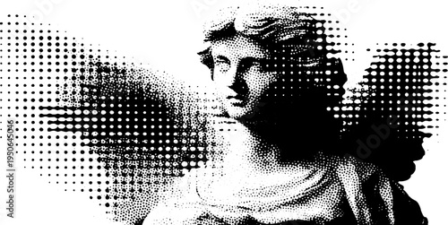 Vintage angel bust with halo in halftone dotwork style for design projects