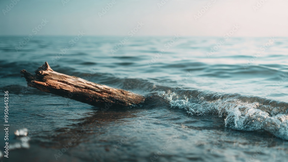 Fototapeta premium Driftwood on Sandy Beach with Gentle Ocean Waves at Golden Hour