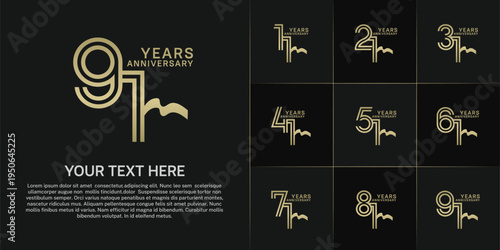 Anniversary logo type set with double line number. gold color and ribbon for celebration event